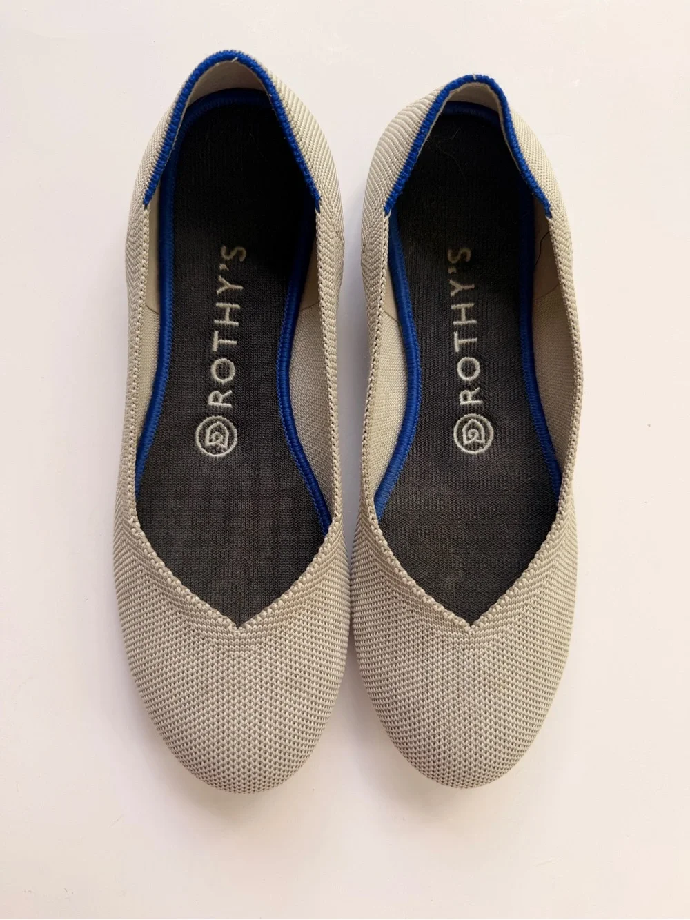 Rothy’s The Flat Flax Light Gray Knit Ballet Flats Blue Halo Trim Size 7.5 EU 38